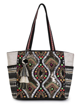 Anekaant - Boho Black Acrylic Jacquard & Cotton Canvas Trellis Embellished Tote Bag