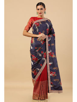 Soch - Navy Blue Tussar Woven Design Saree with Unstitched