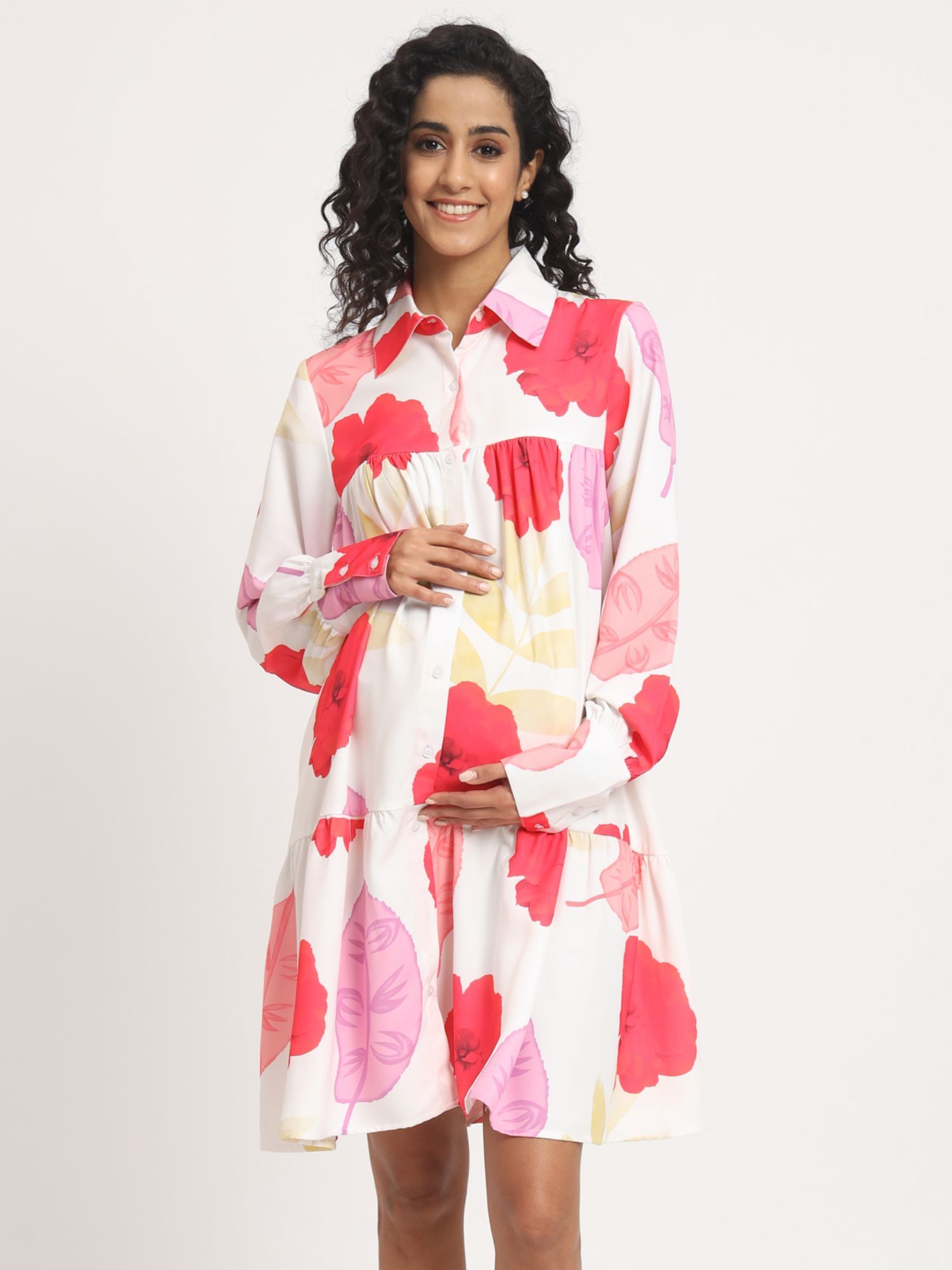 angloindu White Printed Tiered Maternity Shirt Dress-picture-1