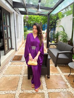 NEORA BY NEHAL CHOPRA - Purple-Green Braided Kaftan and Pant