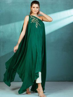 MANDIRA WIRK - Emerald Green Crepe Kaftan Pant Set