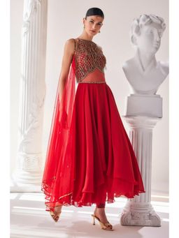MANDIRA WIRK - Red Georgette High Low Anarkali with Churidar and Dupatta