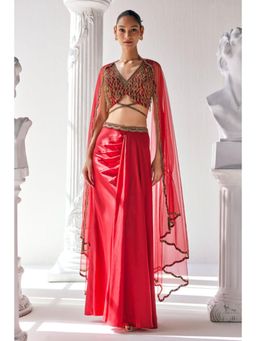 MANDIRA WIRK - Red Royal Satin Skirt Top Set
