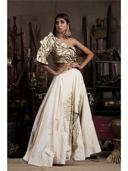 PALLAVI JAIPUR - Beige One Shoulder Embellished/Sequined Crop Top With Skirt