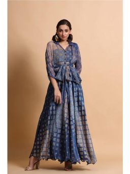 PALLAVI JAIPUR - Blue Collar Neck Printed Top With Skirt