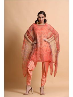 PALLAVI JAIPUR - Coral V-Neck Printed Cape Top With Dhoti Pant