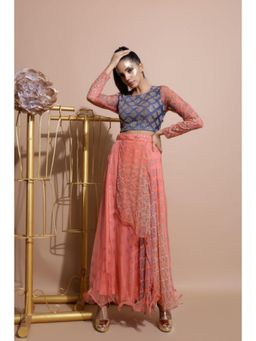 PALLAVI JAIPUR - Blue Chiffon Round Neck Embellished/Sequined Crop Top With Skirt