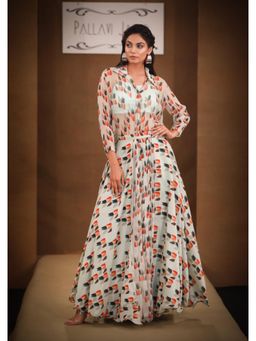 PALLAVI JAIPUR - Green Collar Neck Printed Crop Top With Shirt And Skirt