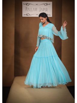 PALLAVI JAIPUR - Turquoise Chiffon V-Neck Embellished/Sequined Top With Skirt