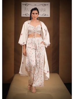 PALLAVI JAIPUR - Off White Shoulder Straps Printed Crop Top With Pant And Jacket