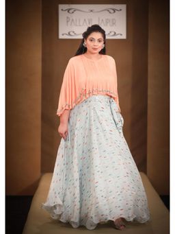 PALLAVI JAIPUR - Peach Round Neck Printed Top With Skirt