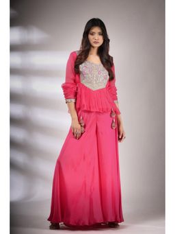 PALLAVI JAIPUR - Pink Round Neck Embroidered Top With Palazzo
