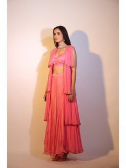 PALLAVI JAIPUR - Pink Sweetheart Embellished/Sequined Crop Top With Pant With Jacket