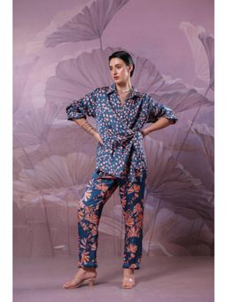 PALLAVI JAIPUR - Blue V-Neck Floral Shirt With Pant