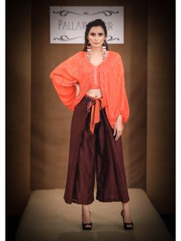 PALLAVI JAIPUR - Orange Crepe V-Neck Printed Top With Pant And Belt