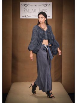 PALLAVI JAIPUR - Grey Crepe V-Neck Embellished/Sequined Crop Top With Pant And Belt