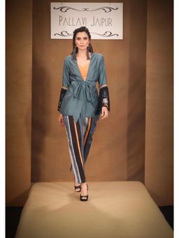 PALLAVI JAIPUR - Teal V-Neck Stripes Top With Blazer And Pant