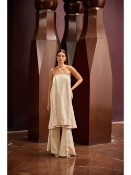 TheRealB - Peach Jacquard Strapless Tunic With Ivory Wide-Leg Pants Set