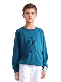 RARE ONES - Kids Cadi Teal Cotton Blend Full Sleeves Embossed Oversized Sweatshirt