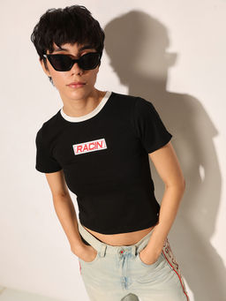 ONLY - Women Black Typography Crop T-Shirt