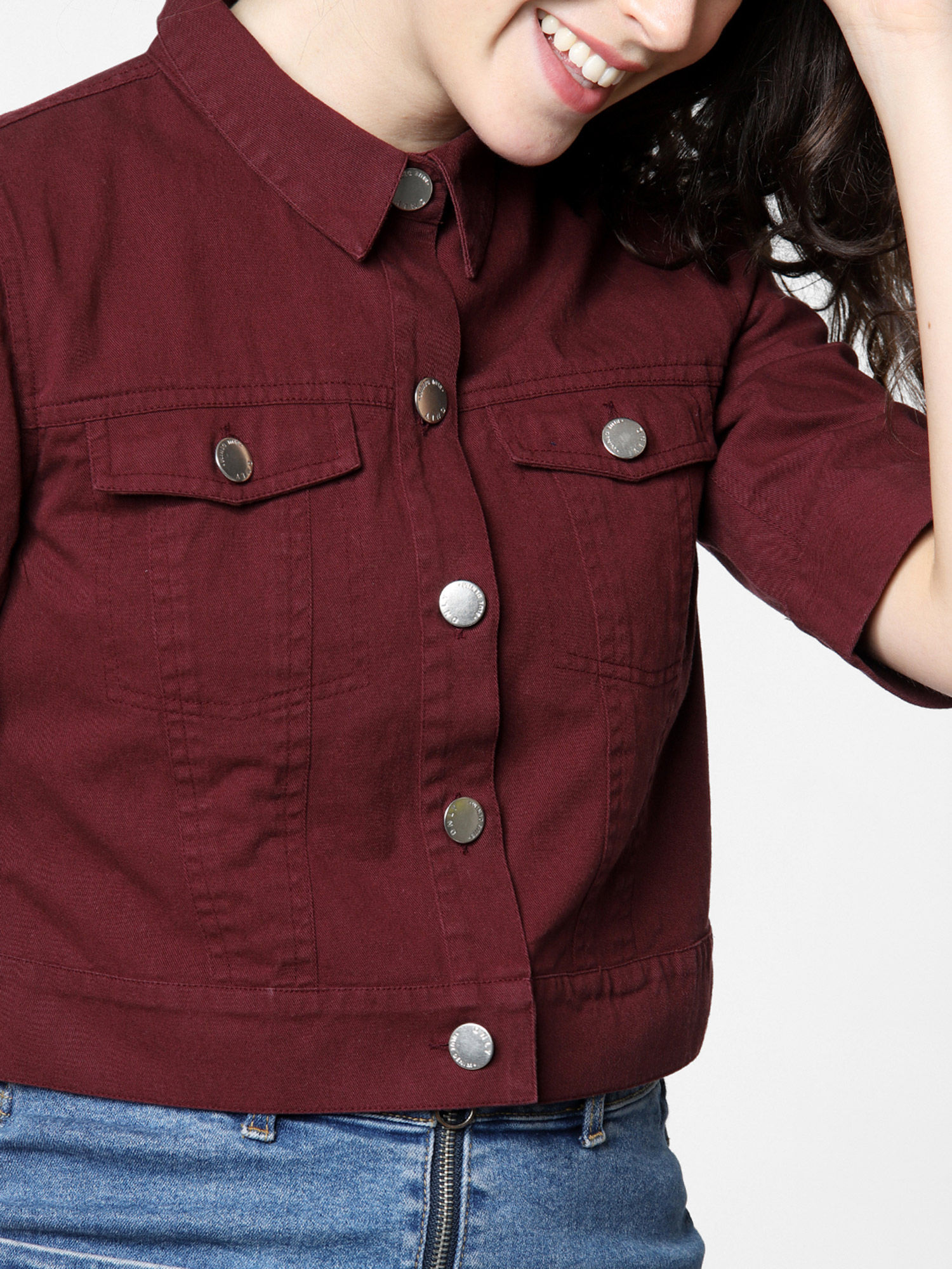 Buy ONLY Maroon Cropped Denim Jacket 