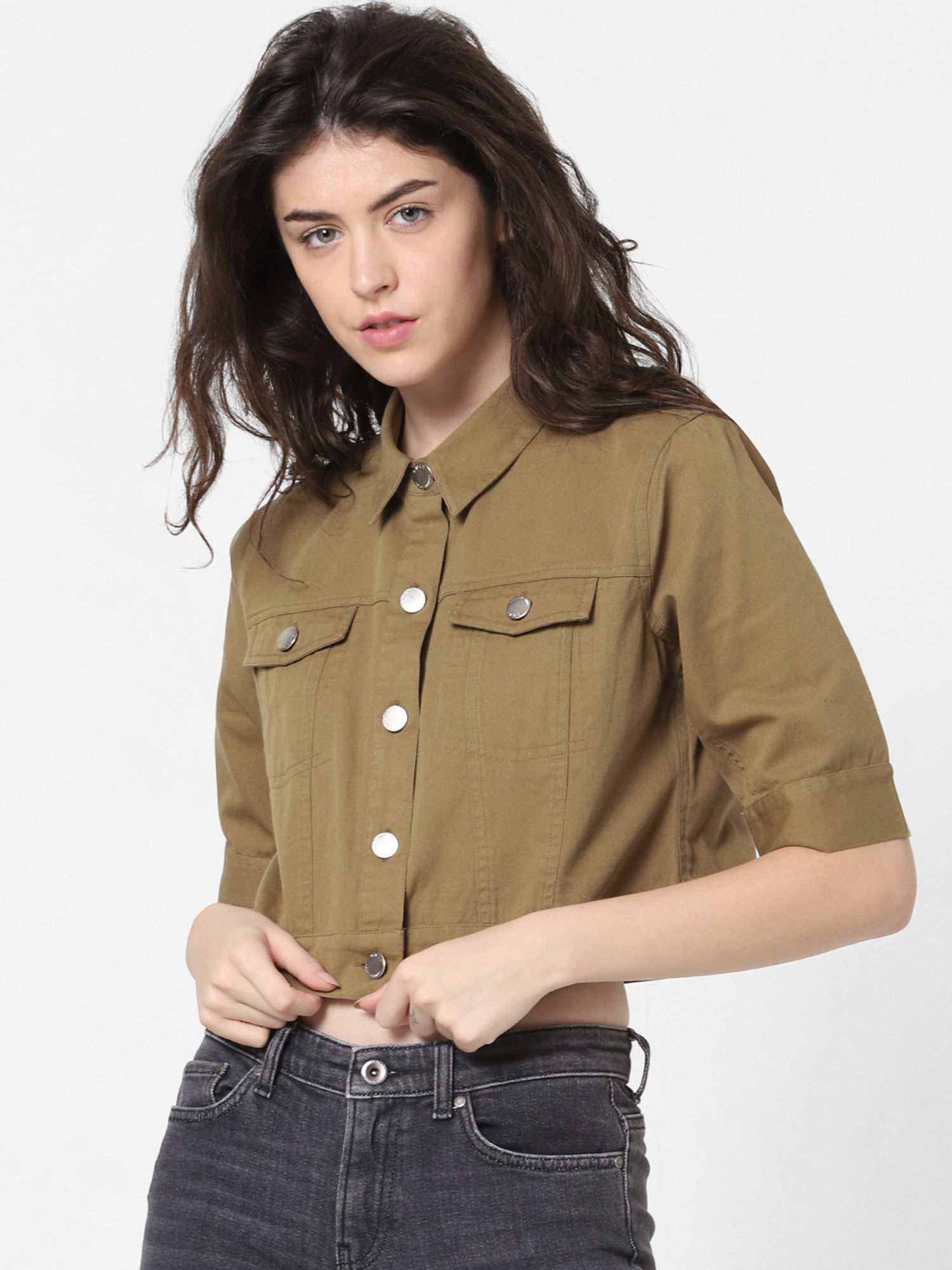 ONLY Khaki Cropped Denim Jacket Online 