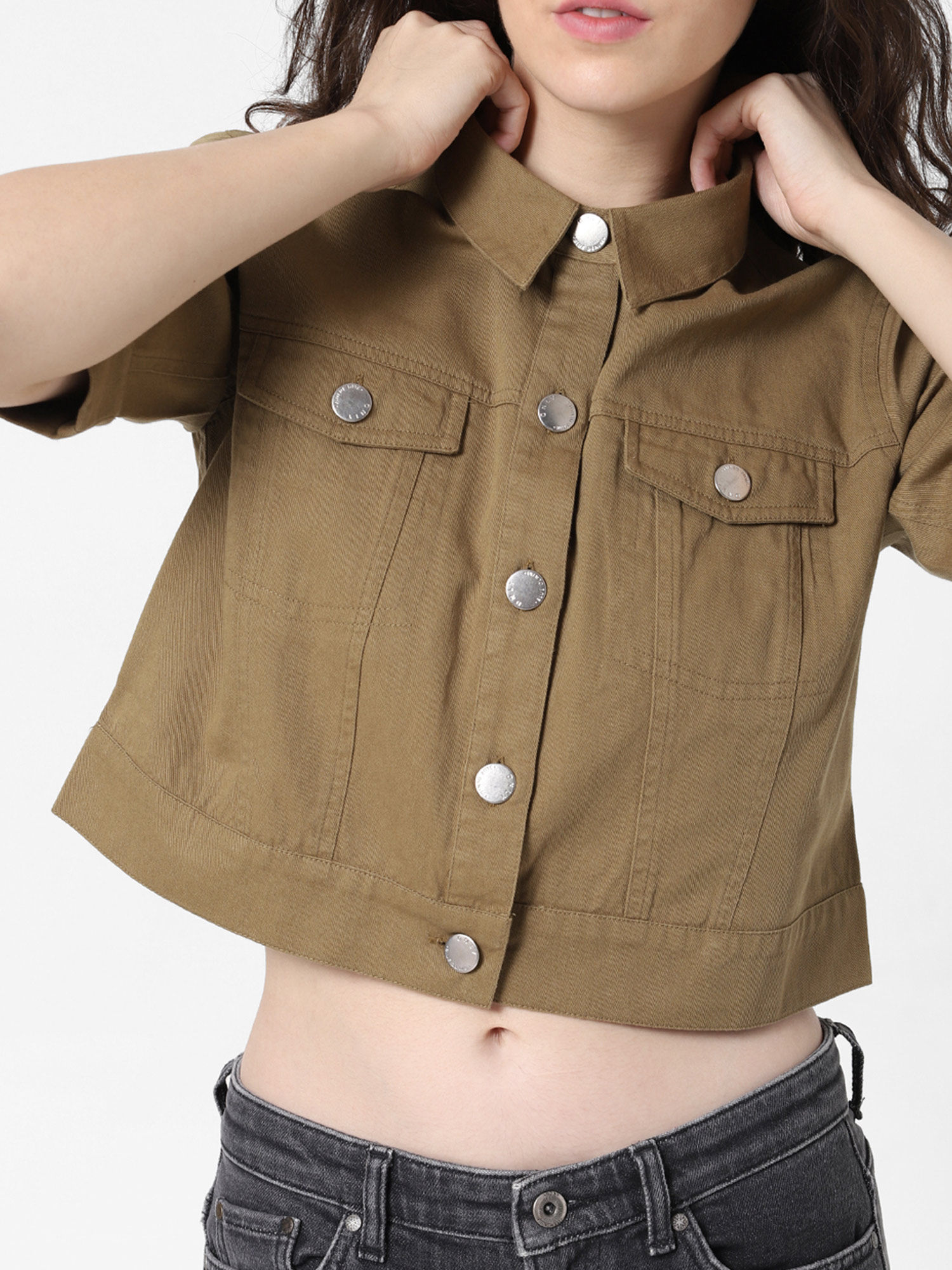 Khaki Cropped Denim Jacket 