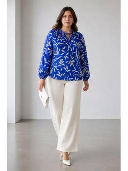 Virgio - Tropical Cotton Ruffle Split V-Neck Plus Size Top