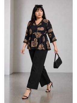 Virgio - Tropical Viscose Peplum Lace Insert Plus Size Top