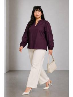 Virgio - Solid Cotton Ruffle Detail Relaxed Fit Plus Size Top