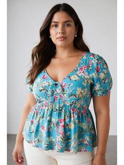 Virgio - Floral Viscose Peplum Plus Size Top with Tie-Up