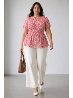 Virgio - Abstract Geometric Cotton Fitted Waist Peplum Plus Size Top