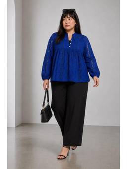 Virgio - Embroidered Cotton Gather Front Relaxed Fit Plus Size Top