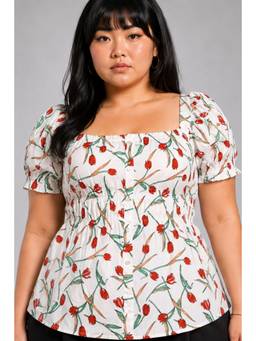 Virgio - Floral Viscose Elasticated Peplum Plus Size Top