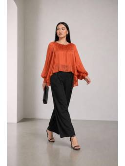 Virgio - Solid Viscose Rust Gathered Puff Sleeves Top