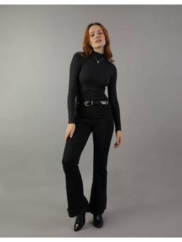 American Eagle - Women Black Full-Sleeves Cropped Hey Baby Mock Neck T-Shirt