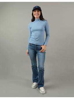 American Eagle - Women Blue Full-Sleeves Cropped Hey Baby Mock Neck T-Shirt