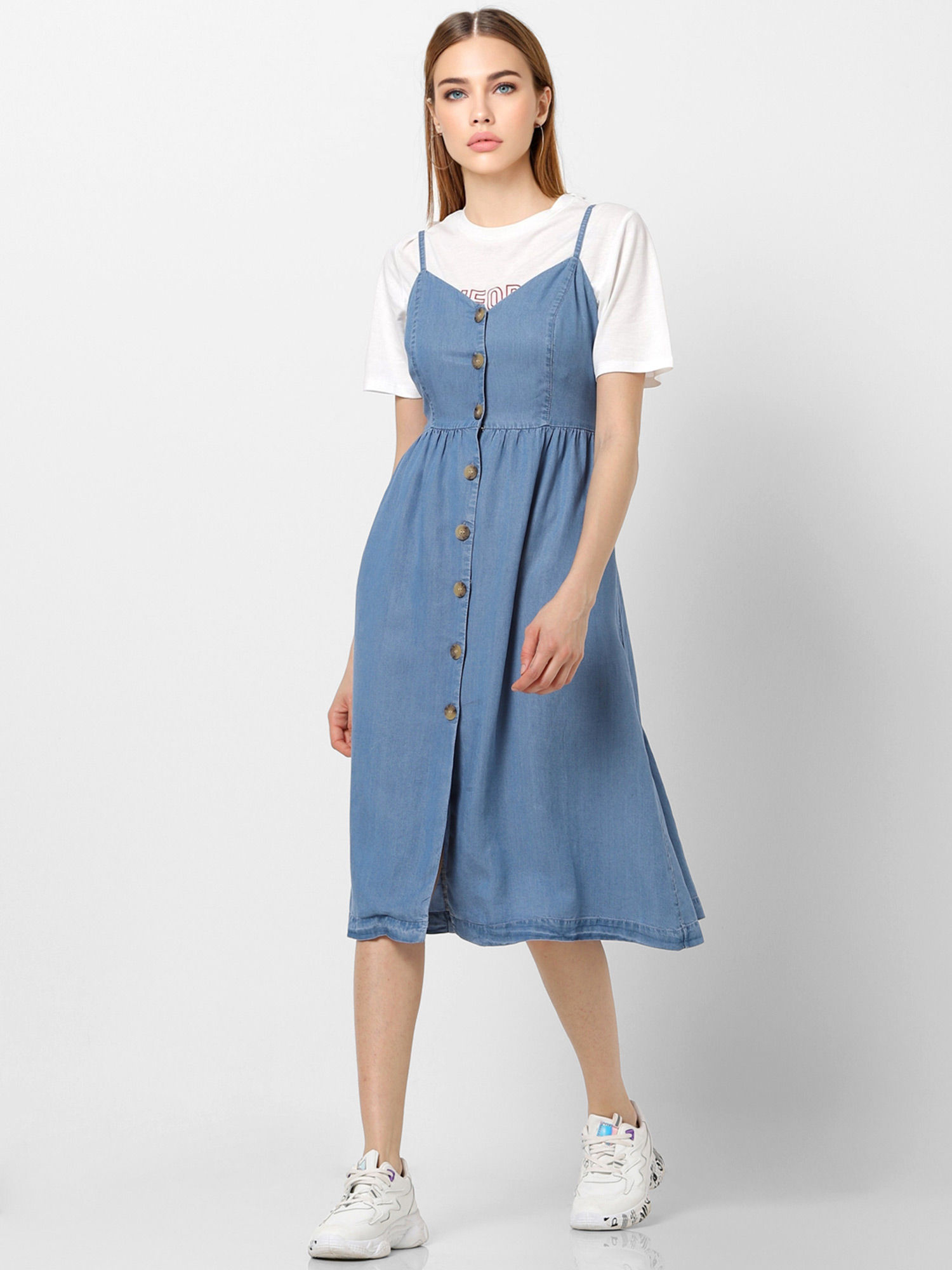 Blue Button Down Denim Midi Dress 