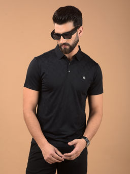 CRIMSOUNE CLUB - Mens Black Textured Polo Neck T-Shirt