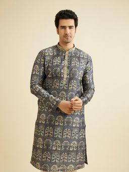 Manyavar - Blue Art Silk Printed Kurta & Pyjama (Set of 2)