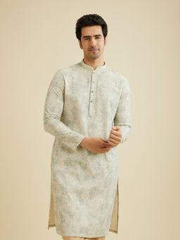 Manyavar - Green Blended Cotton Chikankari Printed Kurta & Pyjama (Set of 2)