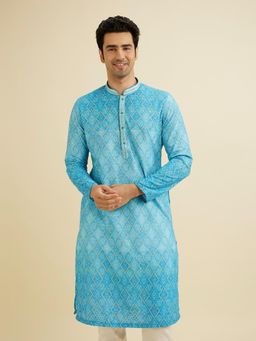 Manyavar - Blue Cotton Blend Thread Work Embroidery Kurta with Pyjama (Set of 2)