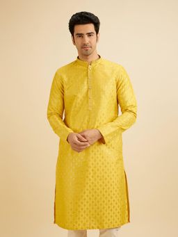 Manyavar - Yellow Art Silk Embroidery Sequins Work Shimmer Kurta with Pyjama (Set of 2)