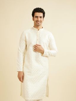 Manyavar - Cream Art Silk Thread Embroidered Thread Work Kurta & Pyjama (Set of 2)