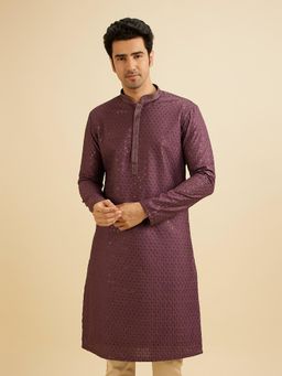Manyavar - Purple Art Silk Embroidery Sequins Work Shimmer Kurta with Pyjama (Set of 2)