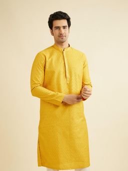 Manyavar - Mustard Art Silk Thread Embroidered Thread Work Kurta & Pyjama (Set of 2)