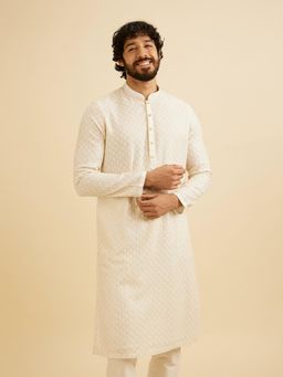 Manyavar - Cream Georgette Chikankari Sequins Work Kurta with Pyjama (Set of 2)