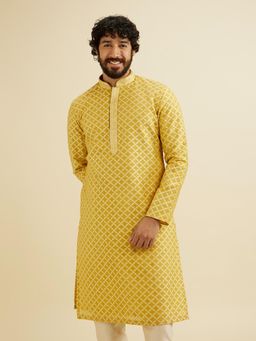 Manyavar - Mustard Chanderi Self Design Kurta with Pyjama (Set of 2)