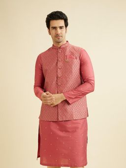 Manyavar - Pink Art Silk Embroidered Beads and Stones Work Kurta & Pyjama with Jacket (Set of 3)