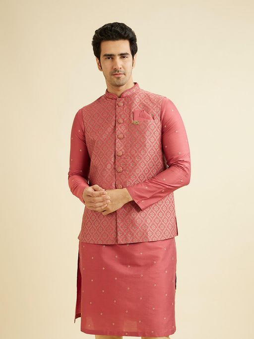 Manyavar Pink Art Silk Embroidered Beads and Stones Work Kurta & Pyjama with Jacket (Set of 3)